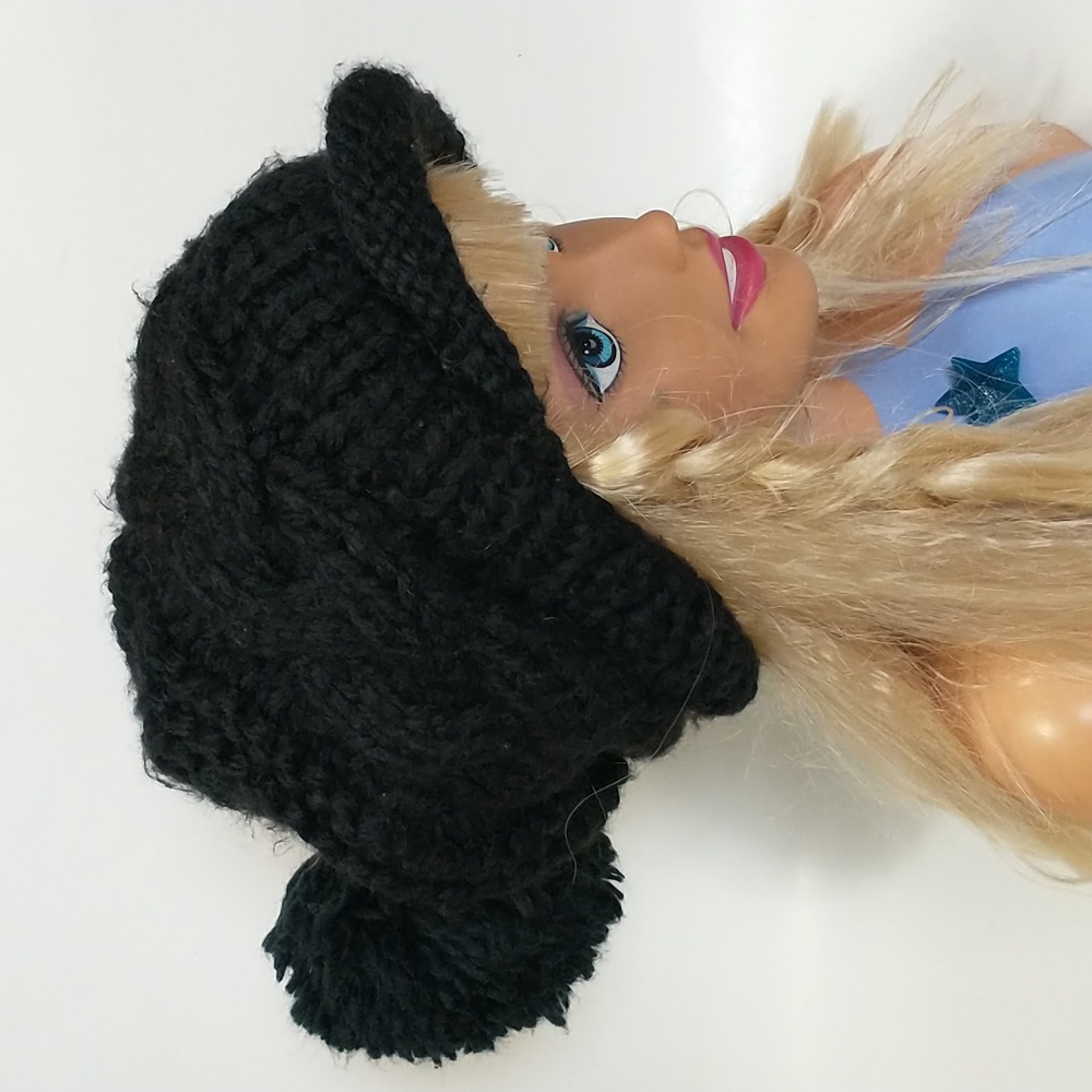 Cozy Black Knit Pom-Pom Hat. One Size